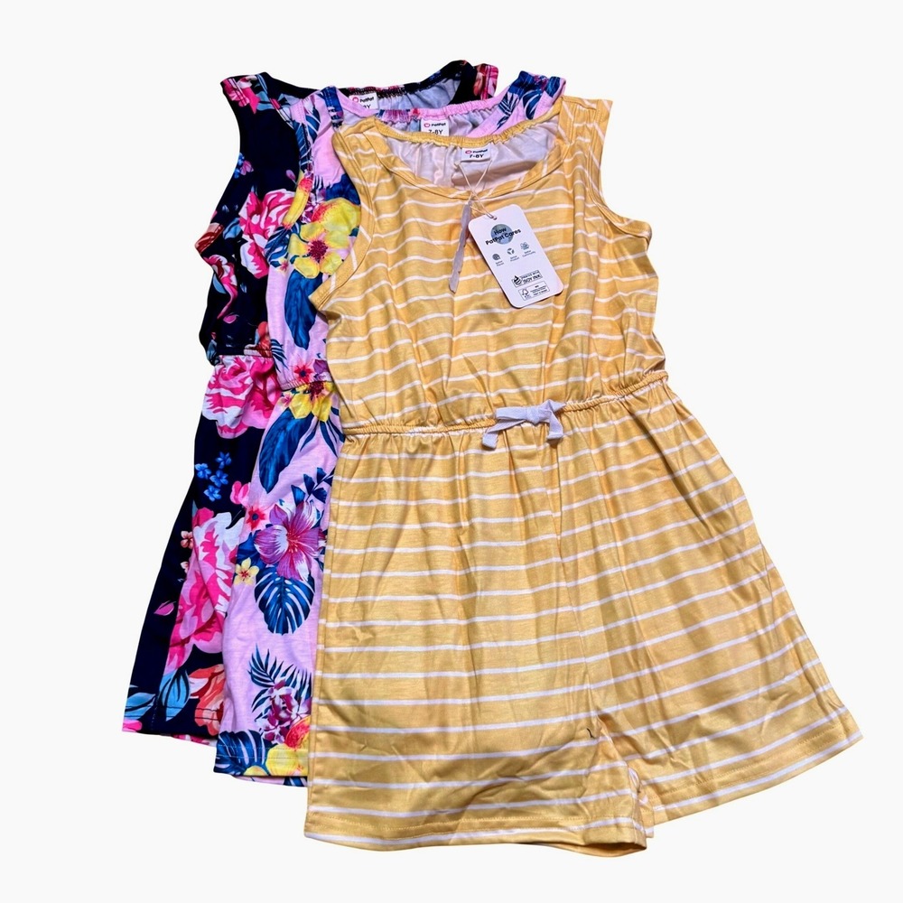 NWT PatPat Girls‎ 3-Pack Summer Floral Striped Sleeveless Jumpsuit Size 7-8Y